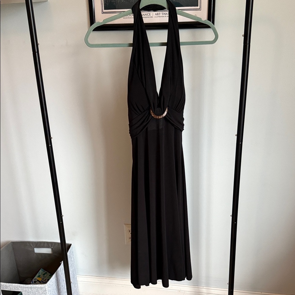 Vintage Black Halter Maxi Dress with Ring Detail